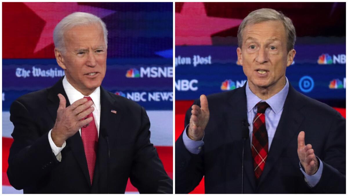 Joe Biden and Tom Steyer spar during the debate.