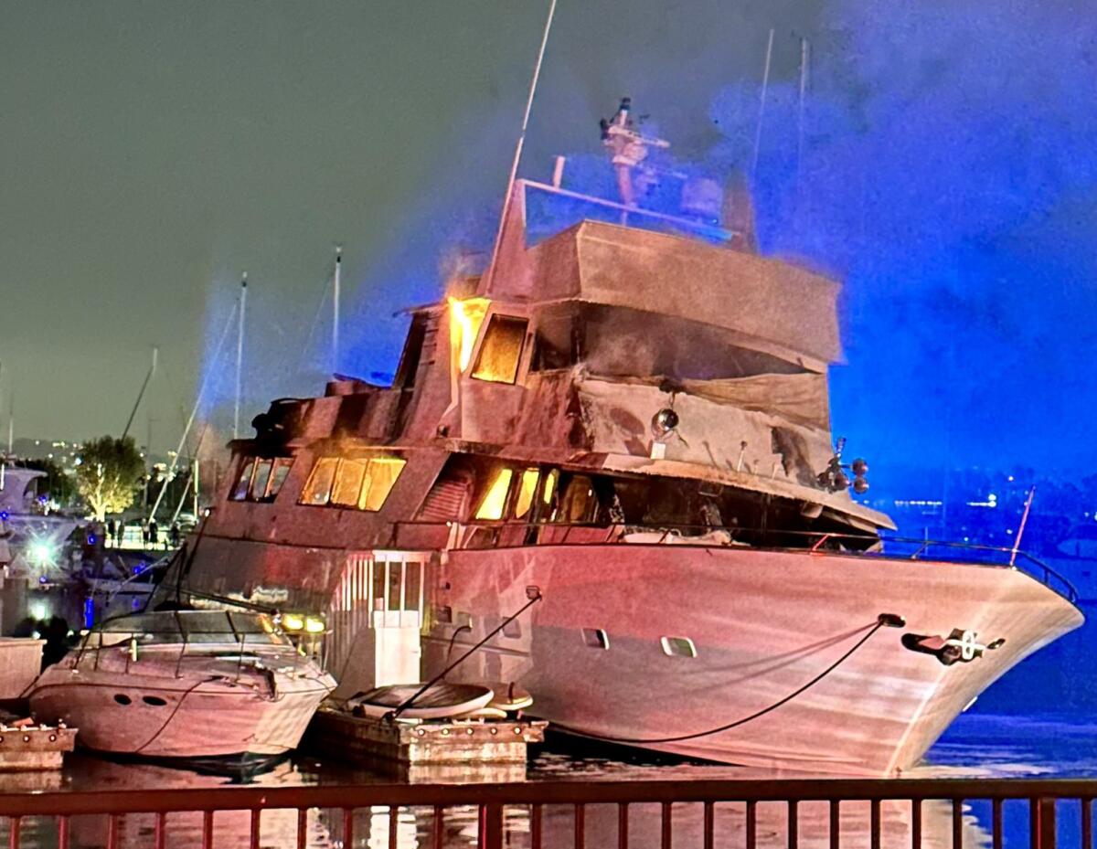 A yacht in flames in Marina del Rey