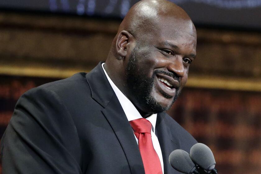 Shaquille O'Neal speaks during the 2016 Basketball Hall of Fame enshrinement ceremony at Symphony Hall in Springfield, Mass., on Sept. 9.