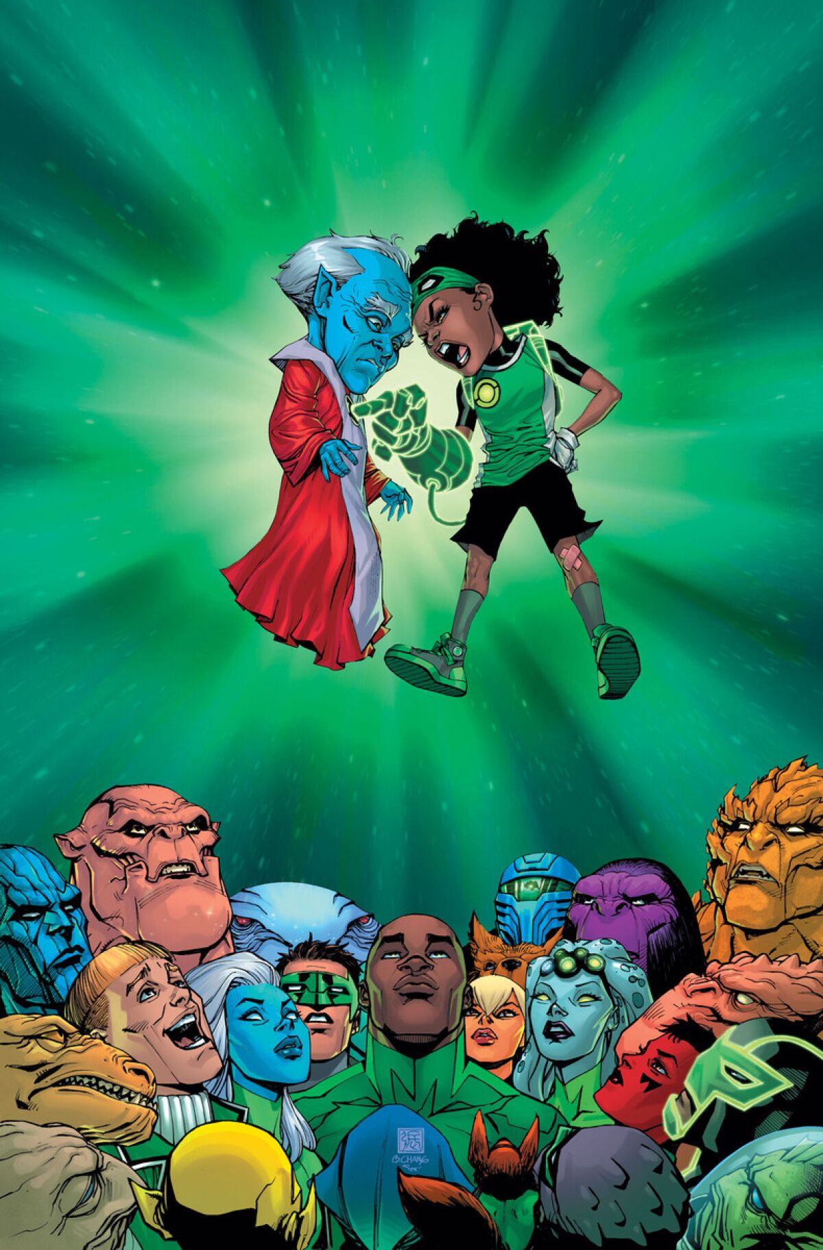 A young woman with a glowing green glove confronts a blue character with white hair.