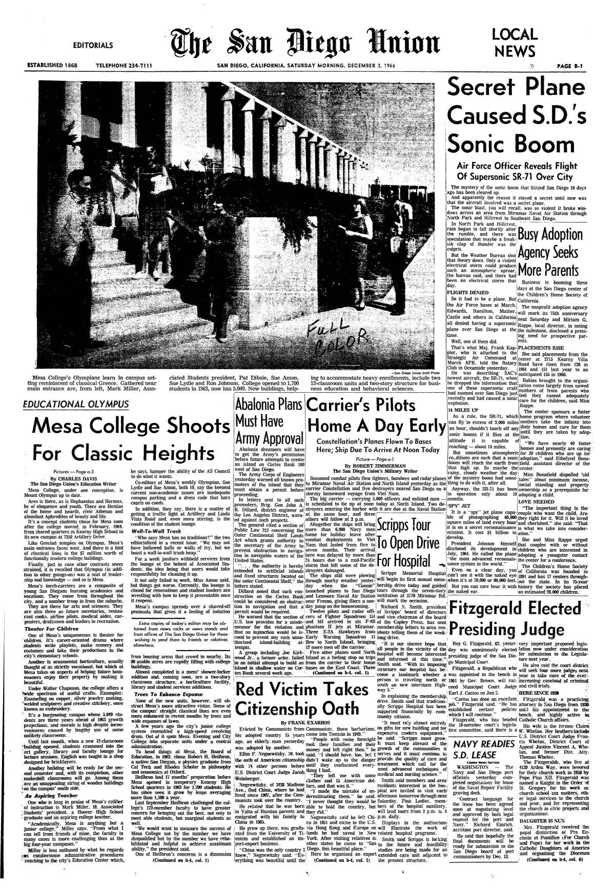"Secret Plane Caused S.D.'s Sonic Boom," article on page B-1 of The San Diego Union, Dec. 3, 1966.