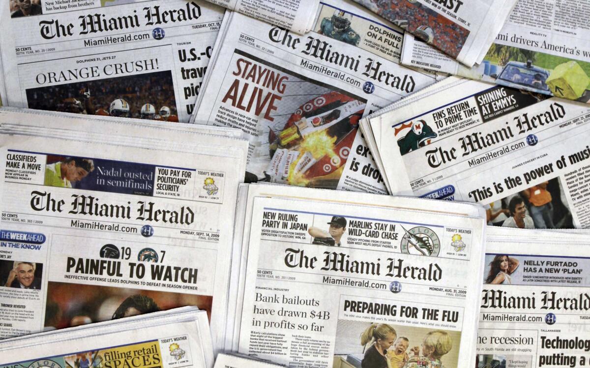 Copies of the Miami Herald, owned by the McClatchy Co., are shown in October 2009.