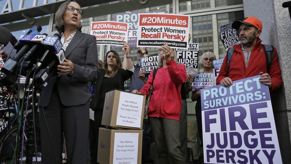 Stanford law professor Michele Dauber speaks at a rally advocating for Judge Aaron Persky's removal from the bench in 2016.