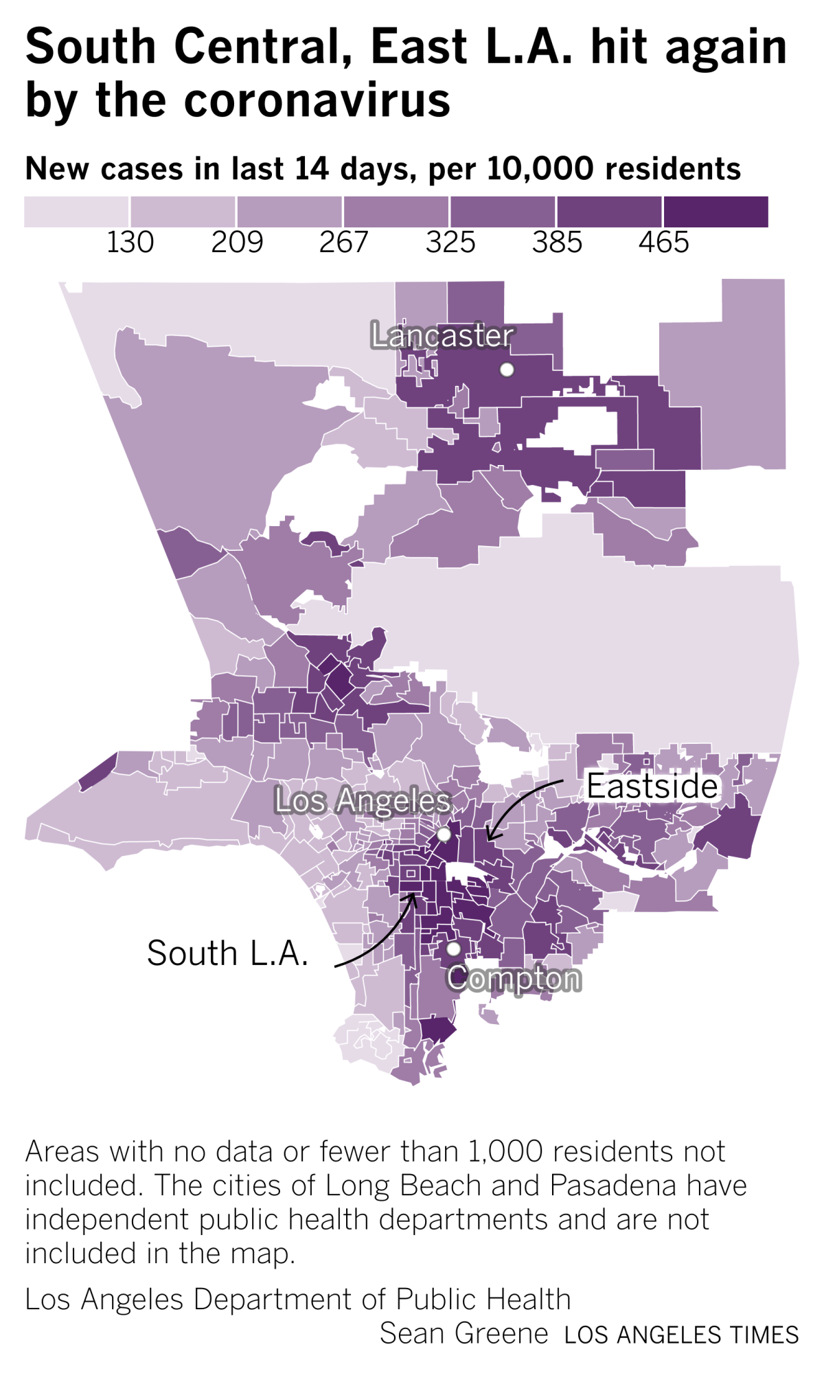 A map of L.A. County showing new coronavirus cases are largely concentrated in South Central and the Eastside.