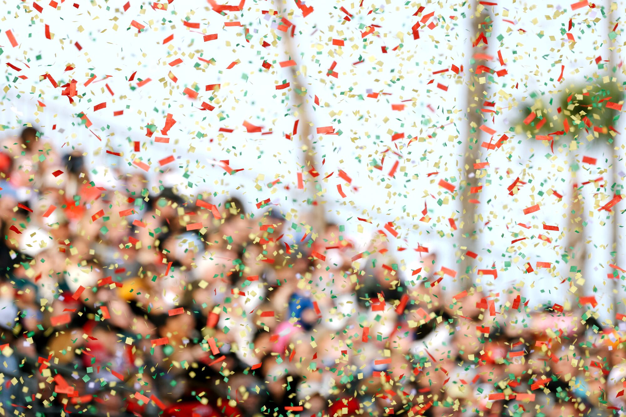 Confetti falls during the Tanya Tucker performance at the Tournament of Roses Parade.
