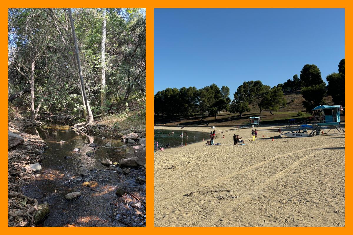 Two photos: Walnut Creek is lined and shaded by trees; Castaic Lake swim area has a sandy beach and lifeguard towers.