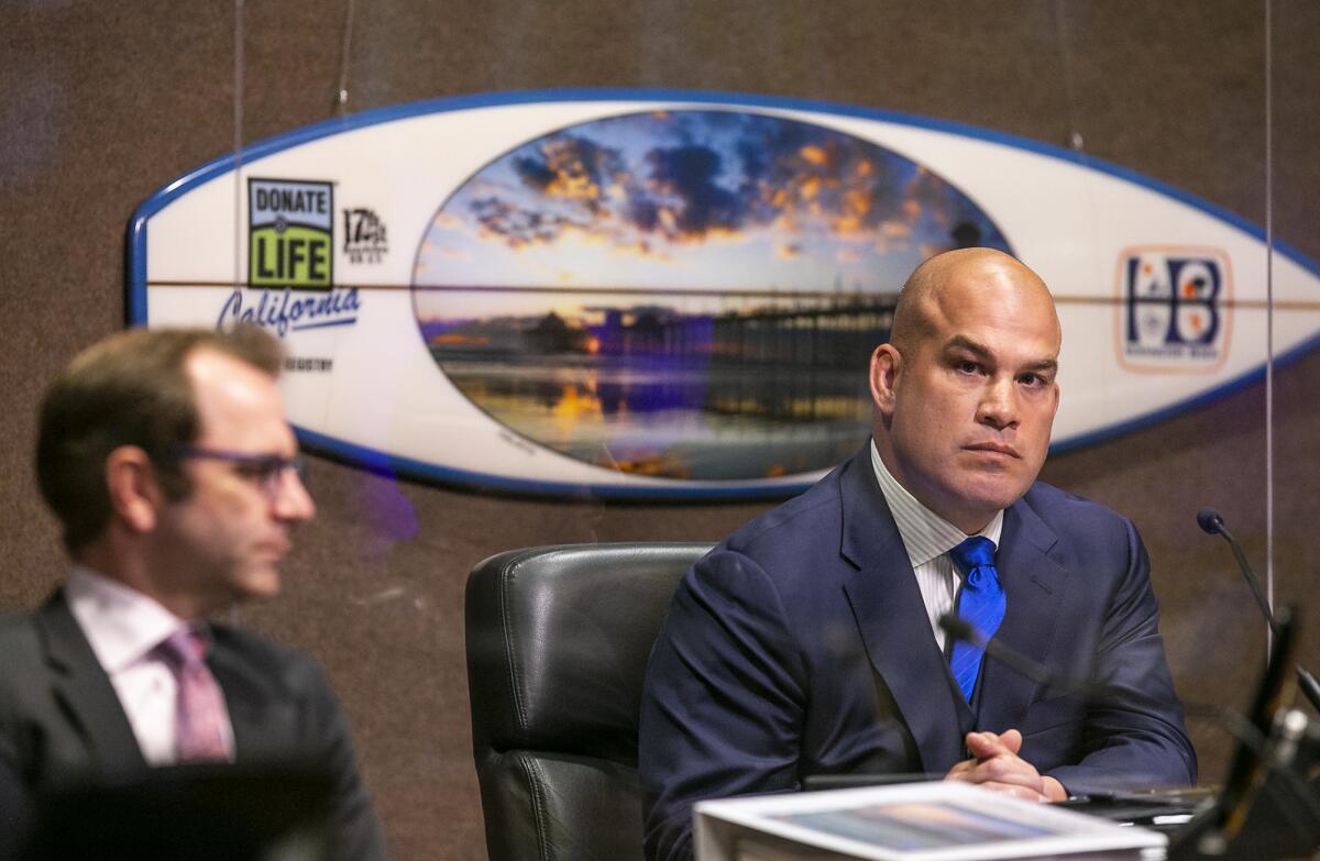 Then-Councilmember Tito Ortiz attends a City Council meeting.  