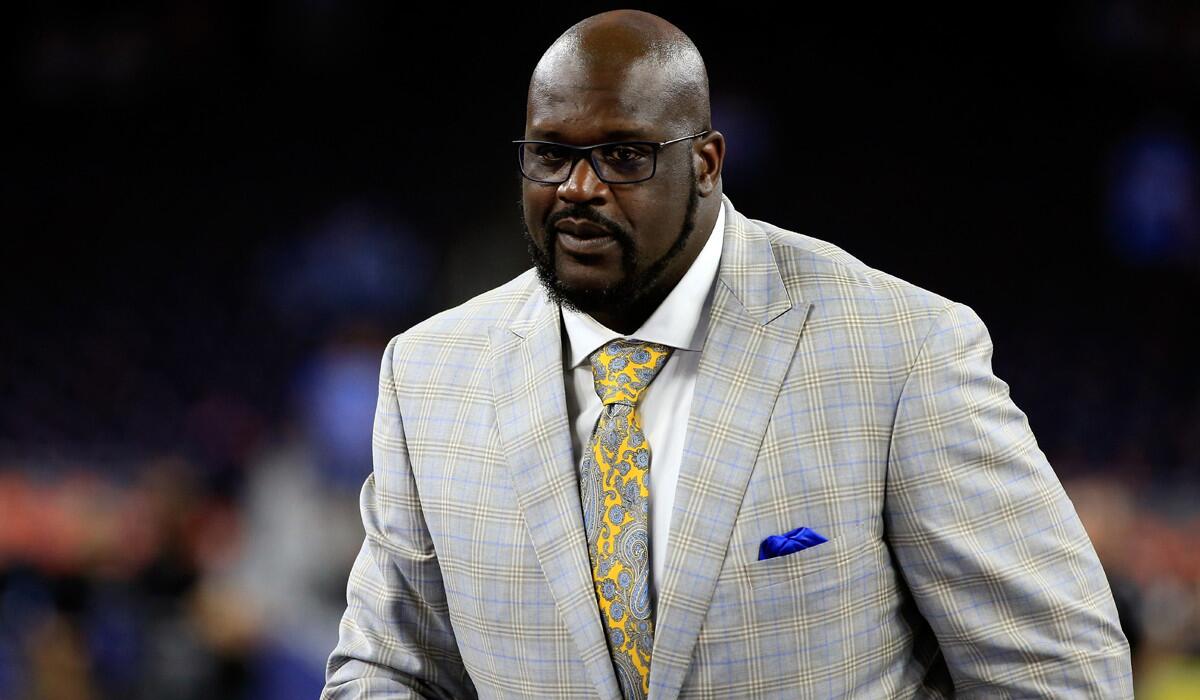 Former NBA player and commentator Shaquille O'Neal looks on prior to the 2016 NCAA men's national championship game between Villanova and North Carolina on April 4.