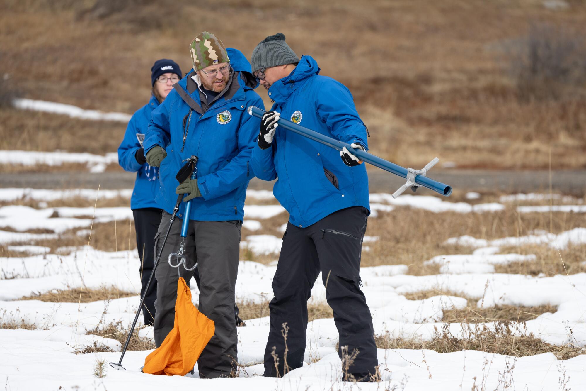 Officials are conducting the first snow survey of 2024 near South Lake Tahoe, where the ground was covered in grass and snow.