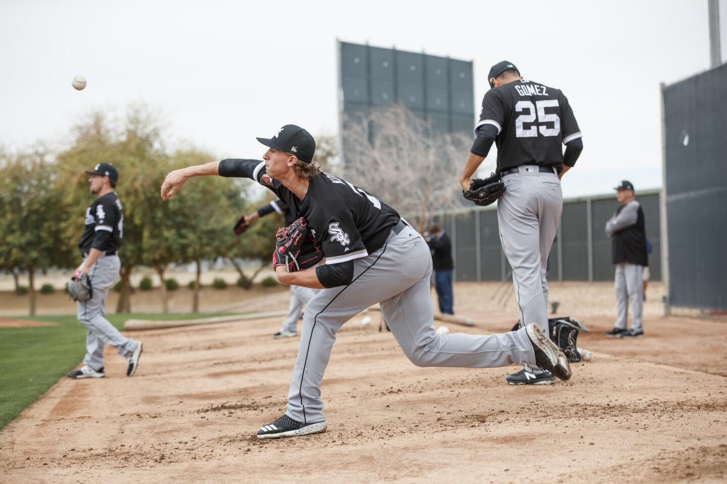 Michael Kopech pitches in the bullpen during White Sox spring training at Camelback Ranch on Feb. 16, 2018, in Glendale, Ariz.
