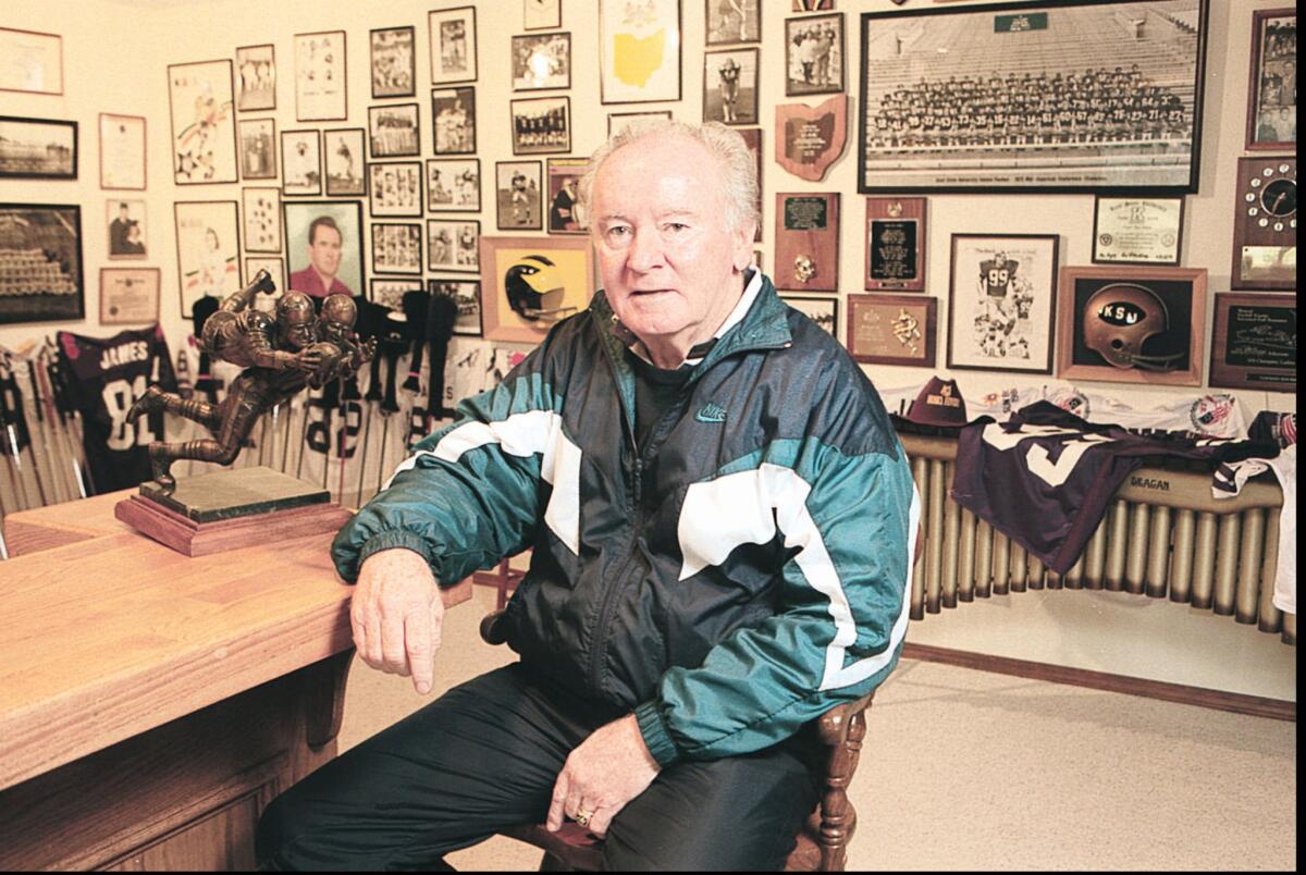 Former Washington coach Don James in his Kirkland, Wash., home in 1996. James died Sunday at 80.