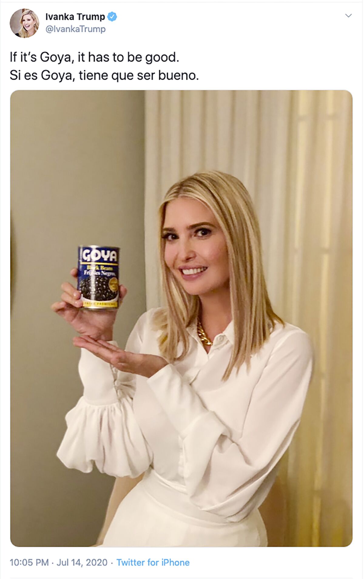 This image taken from Ivanka Trump's Twitter account shows her holding a can of Goya beans