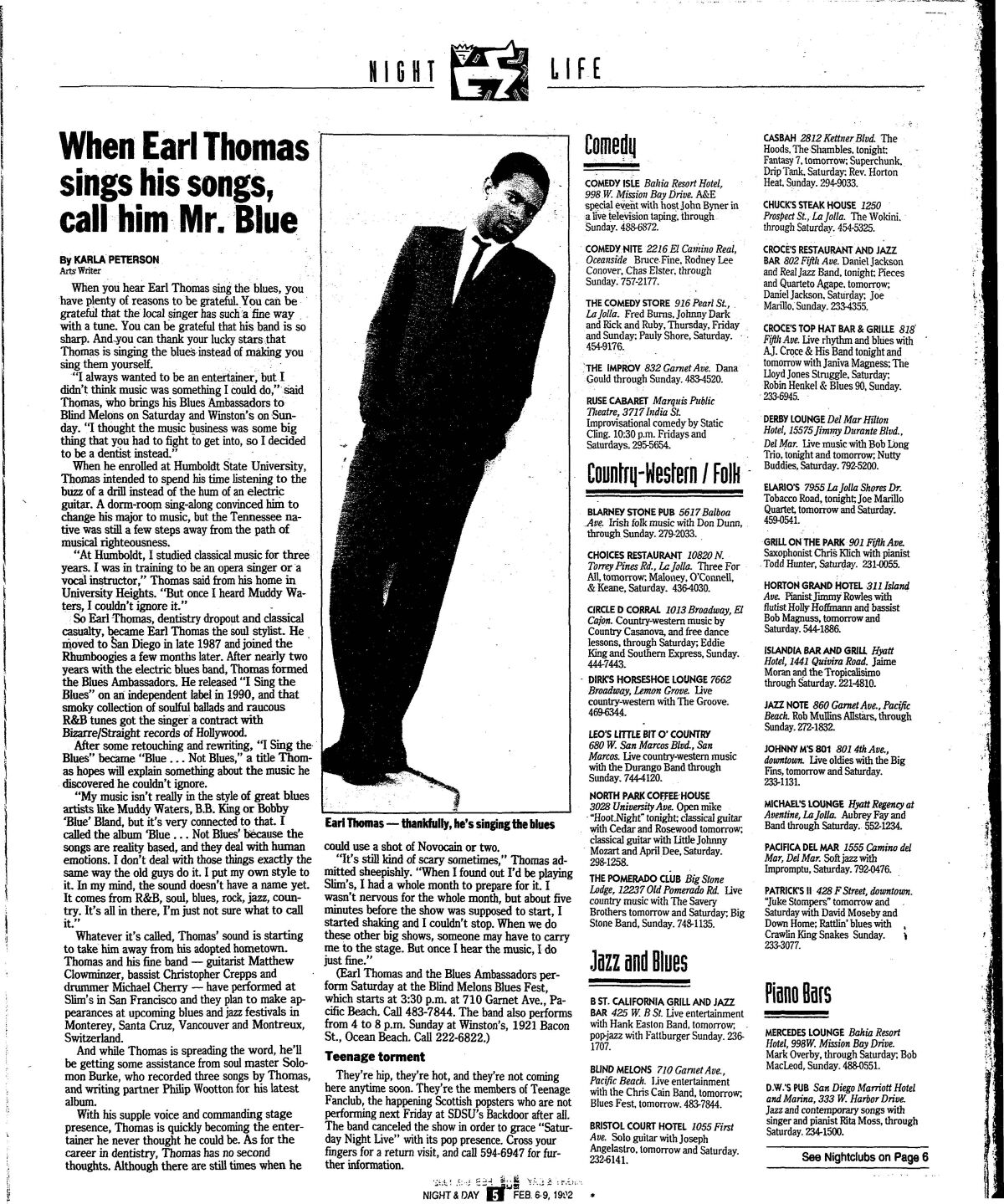 Karla Peterson's interview with blues singer Earl Thomas in the Feb. 6, 1992 Night & Day section.