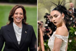 A photo collage: One picture shows Kamala Harris smiling in a suit. Another photo shows Charli XCX looking over her shoulder