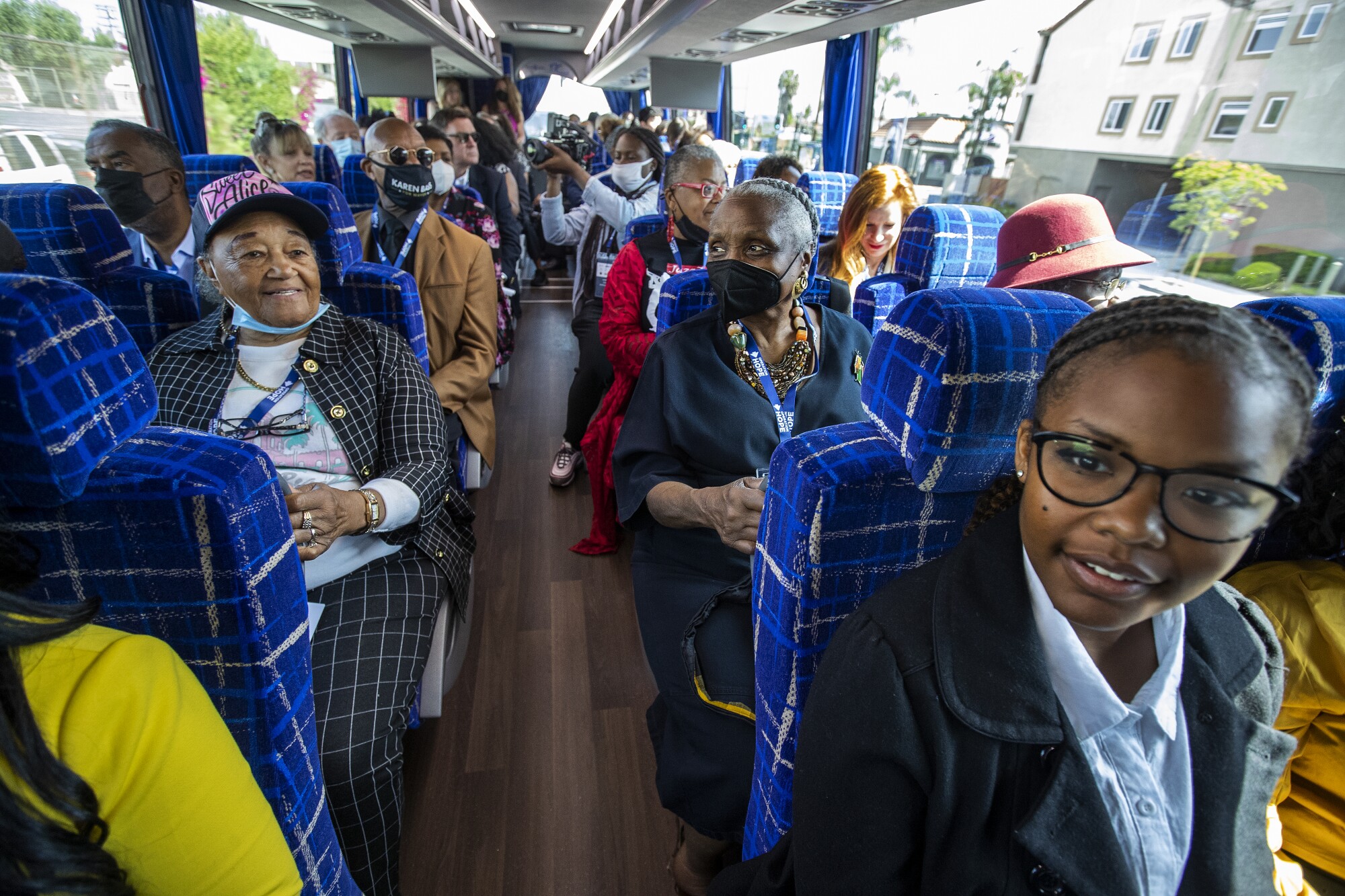 A group of people on a bus tour
