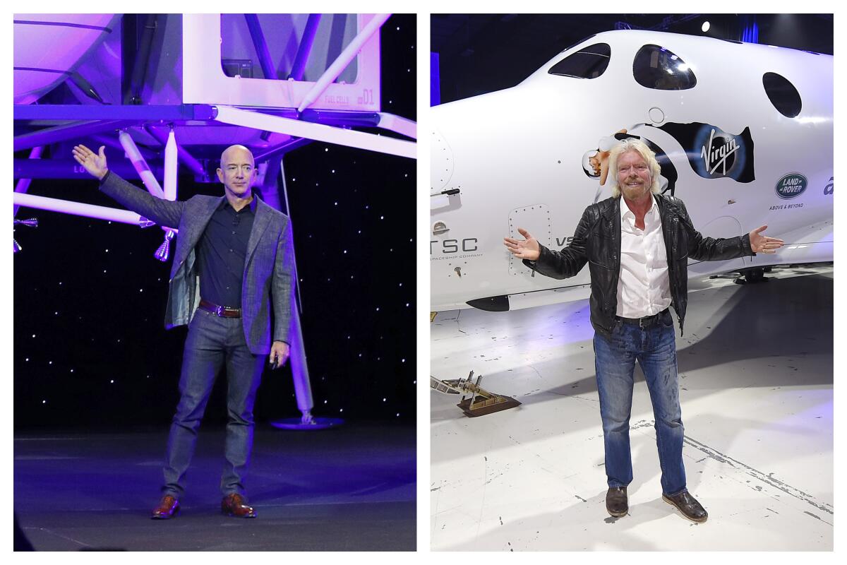 This combination of 2019 and 2016 file photos shows Jeff Bezos with a model of Blue Origin's Blue Moon lunar lander in Washington, left, and Richard Branson with Virgin Galactic's SpaceShipTwo space tourism rocket in Mojave, Calif. The two billionaires are putting everything on the line in July 2021 to ride their own rockets into space. (AP Photo/Patrick Semansky, Mark J. Terrill)