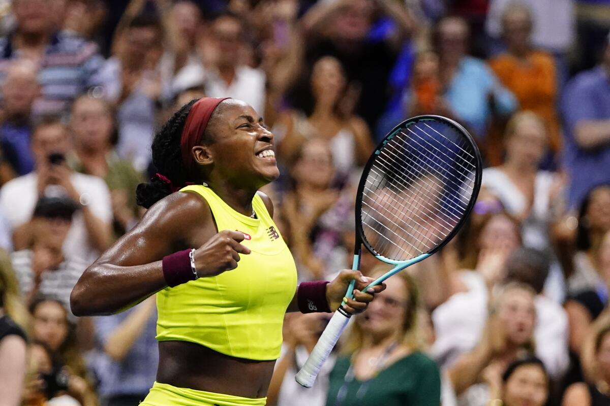 Coco Gauff celebrates her win against Karolina Muchova during the women's singles semifinals of the U.S. Open.
