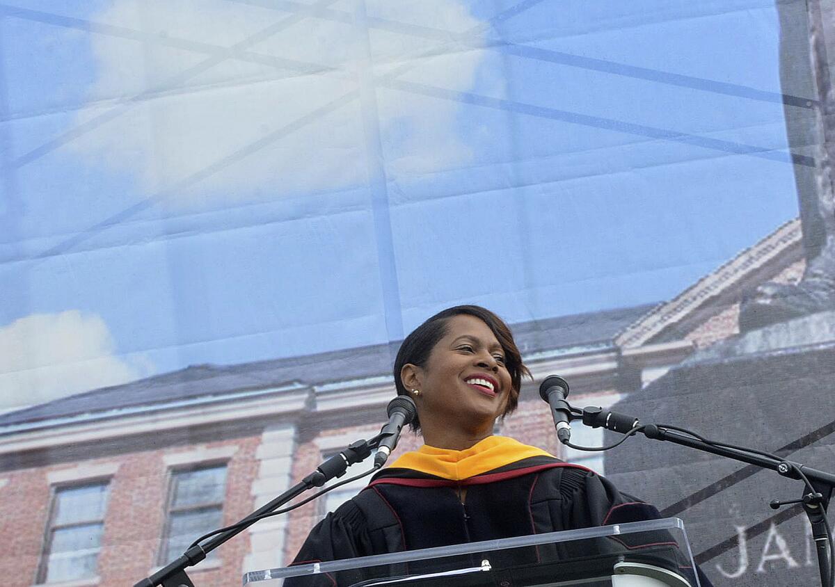 Retired NASA astronaut Joan Higginbotham delivers her address during the North Carolina Central University commencement exercises at O'Kelly-Riddick Stadium, Saturday, May 13, 2017, in Durham, N.C. A group encouraging STEM professionals to run for public office is pushing the former astronaut to enter North Carolina's Democratic primary for an open Senate seat. Higginbotham, the third Black woman to go to space, is “seriously, seriously" considering entering the race and is “doing all the things that candidates who are looking to run for office are doing,” according to Josh Morrow, co-founder and executive director of 314 Action, who spoke with her on Tuesday, March 9, 2021 about the potential candidacy. (Bernard Thomas/The Herald-Sun via AP)