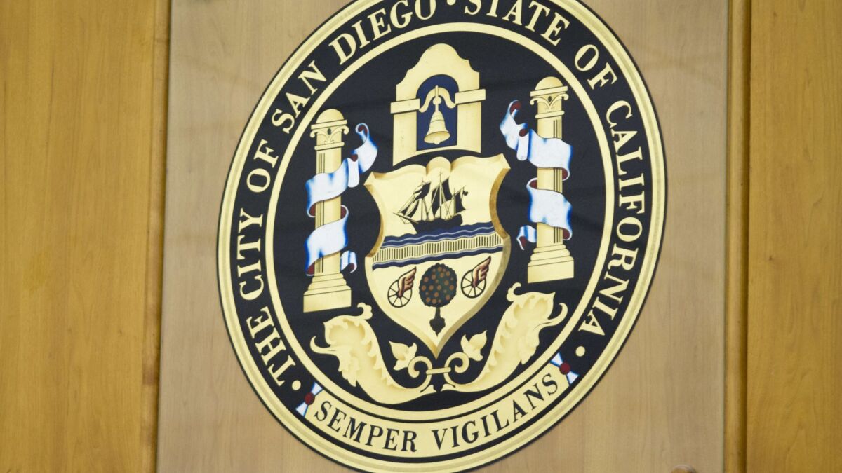 The San Diego City Seal on the wall of the Council Chamber.