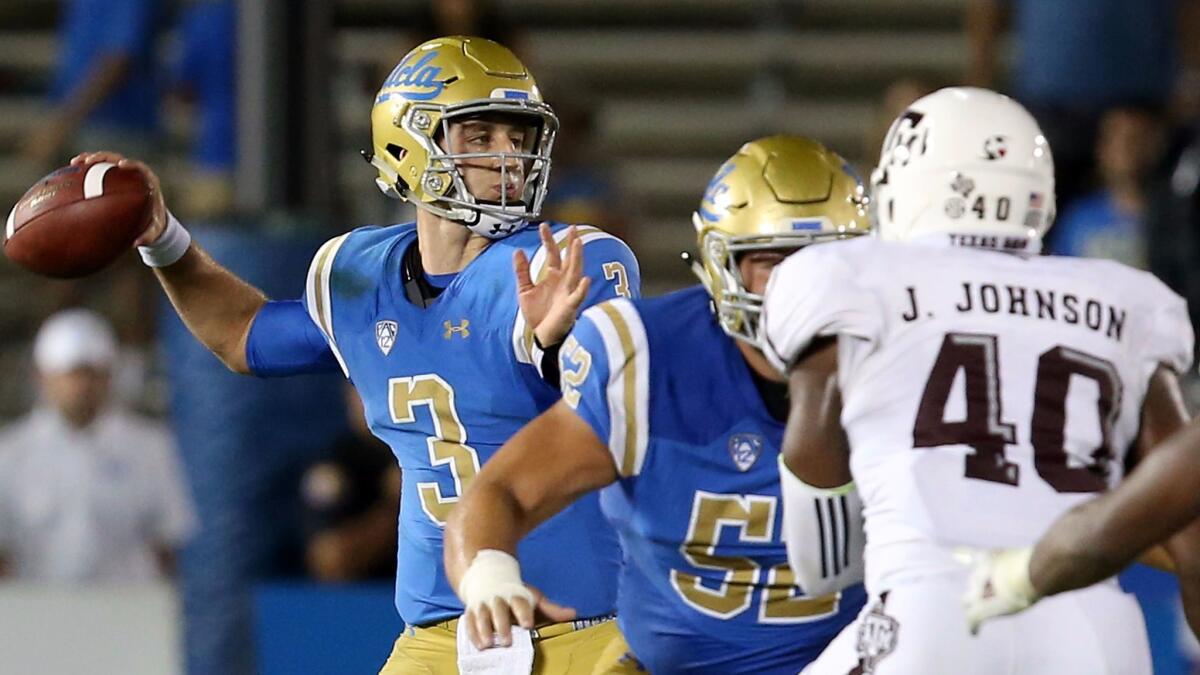 UCLA quarterback Josh Rosen throws downfield against Texas A&M during the season opener Sunday, Sept. 3, 2017, at the Rose Bowl.