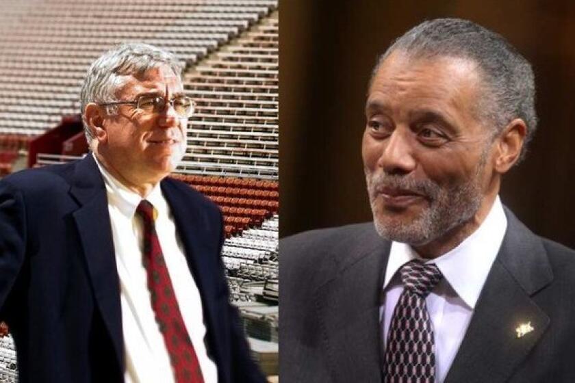 Coliseum interim general manager John Sandbrook, left, in a 2011 photo, and City Councilman Bernard C. Parks, right.