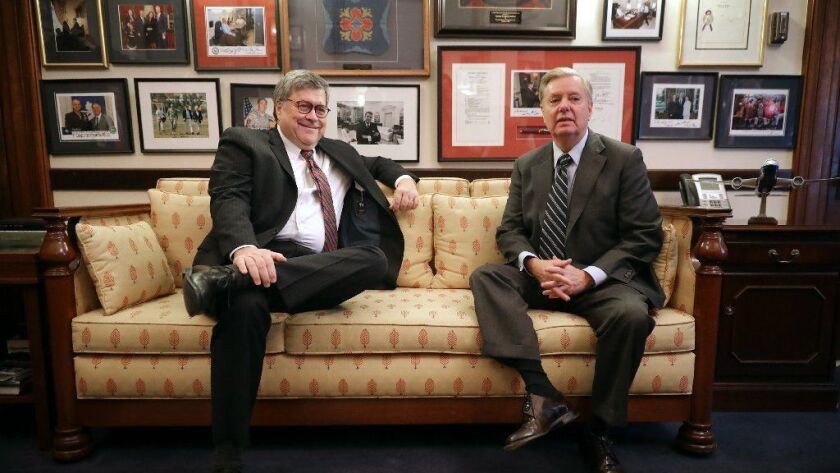 William Barr, left, meets with Sen. Lindsey Graham (R-S.C.), who oversaw the hearing Tuesday on Barr's nomination as attorney general.
