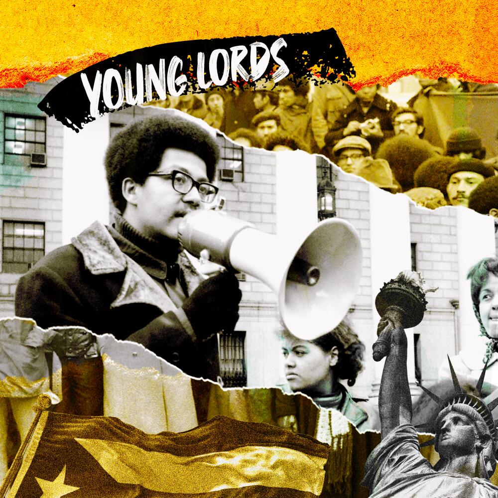A man with glasses and an Afro holds a bullhorn. Above him is a banner with the words Young Lords