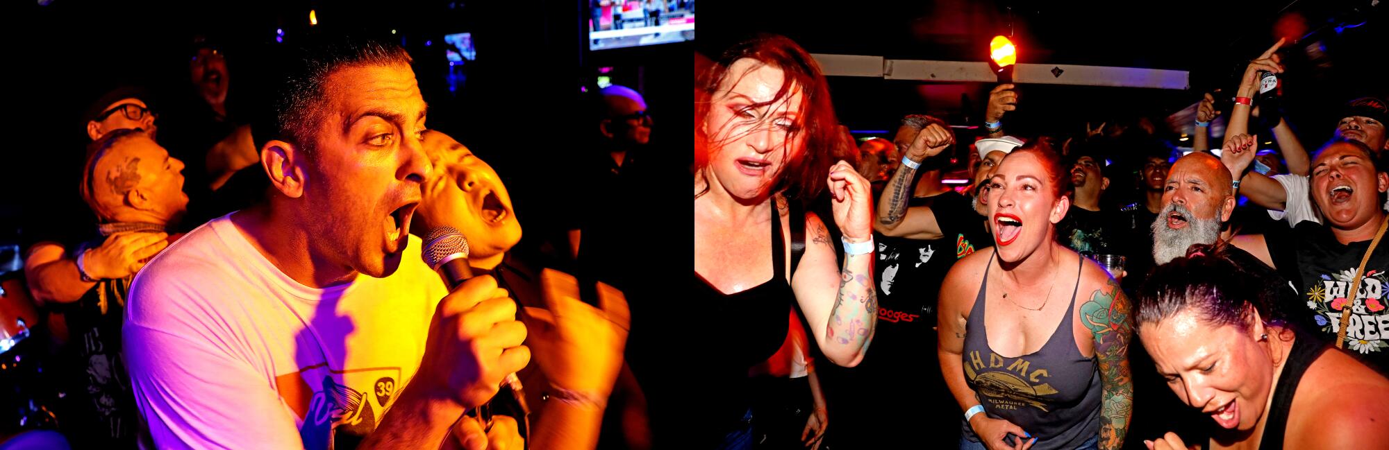 Two photos showing a man singing into a microphone in one and women in the audience moshing