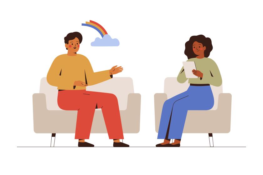 Female psychotherapist has an Individual session with her male patient and sees positive results. Happy man sits on the sofa and excitedly tells something to his counselor.Talk therapy concept. Vector