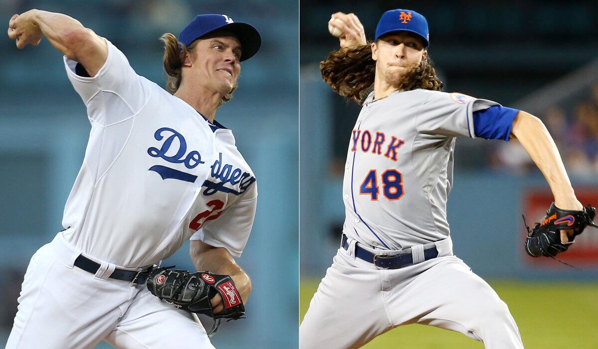 Dodgers' Zack Greinke, left, and New York Mets' Jacob deGrom will face off on Thursday.