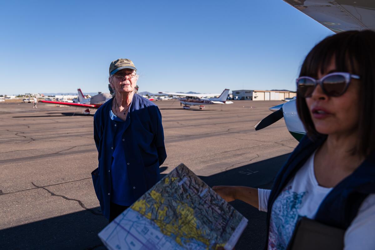 Flight Instructor Tania Rose and Ann Rothwell during a preflight check on Nov. 12 at Montgomery-Gibbs Executive Airport.