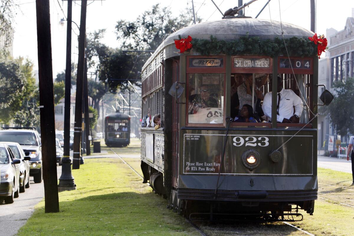 A St. Charles Line streetcar decorated for the holidays. The New Orleans streetcar line has been designated a National Historic Landmark.