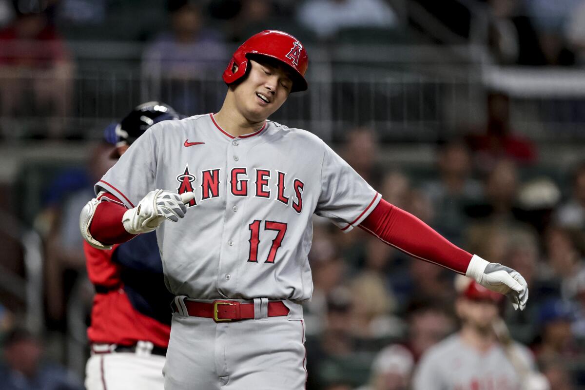 Shohei Ohtani reacts after he was hit by a pitch during the fifth inning July 22, 2022, in Atlanta. 