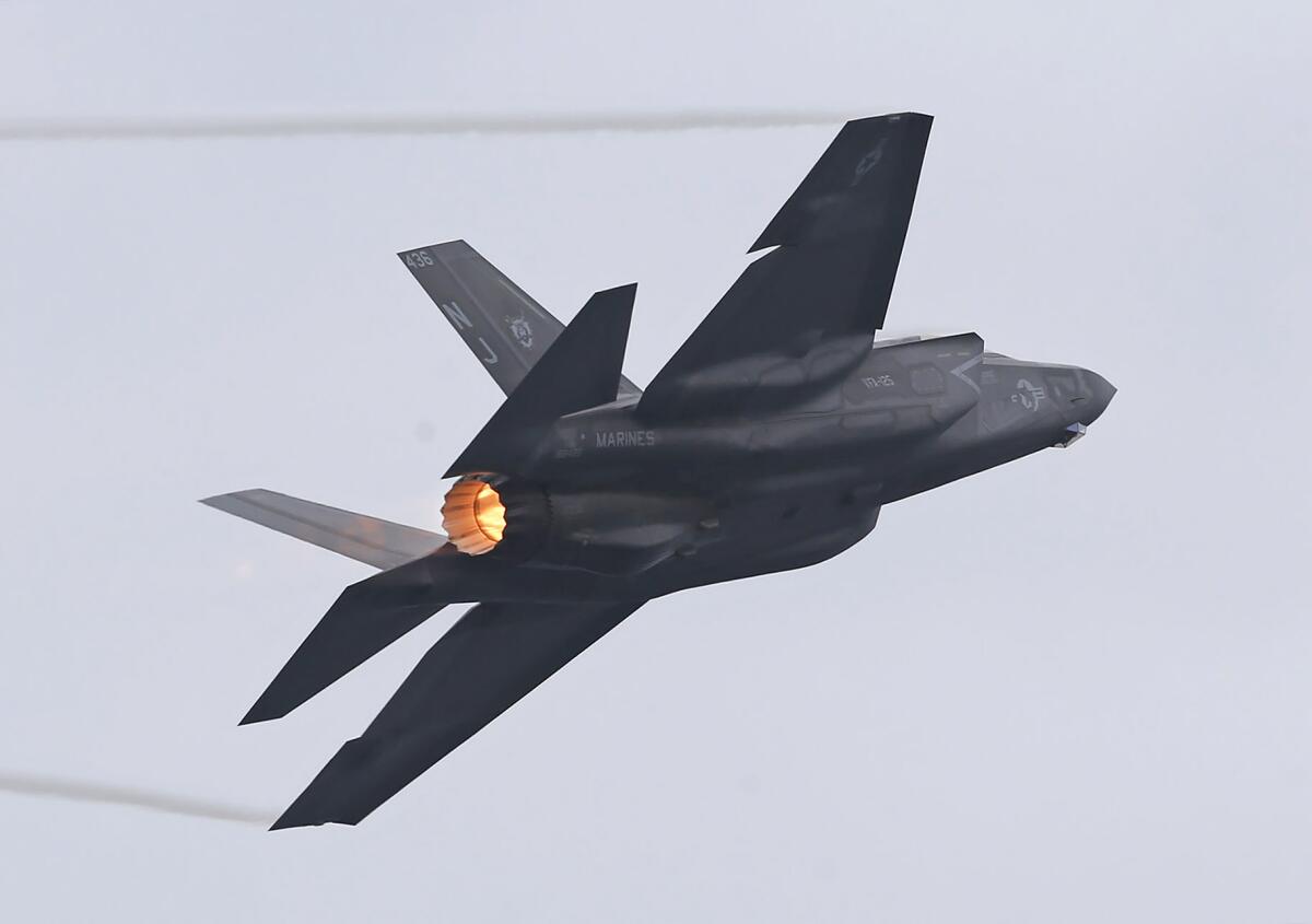 A Navy USN F-35C roars through the sky on day one of the Pacific Airshow in Huntington Beach on Friday.