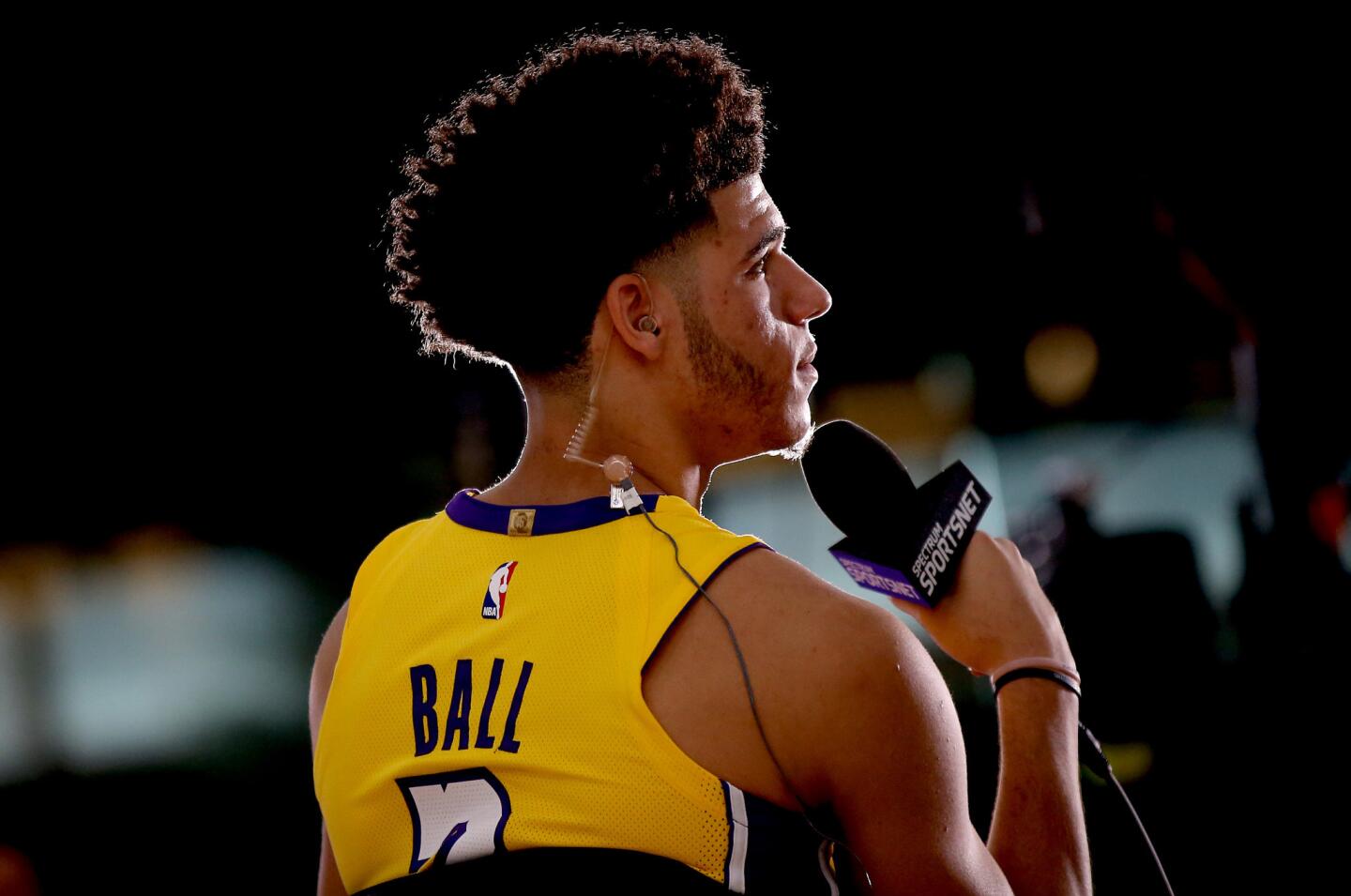 Lakers rookie point guard Lonzo Ball talks with reporters during media day activities at the team's new training facility in El Segundo on Sept. 25.