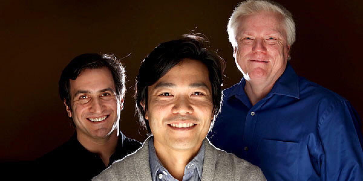 Bento Box Entertainment founders Scott Greenberg, Joel Kuwahara, and Mark McJimsey (left to right) pose at their Burbank office.