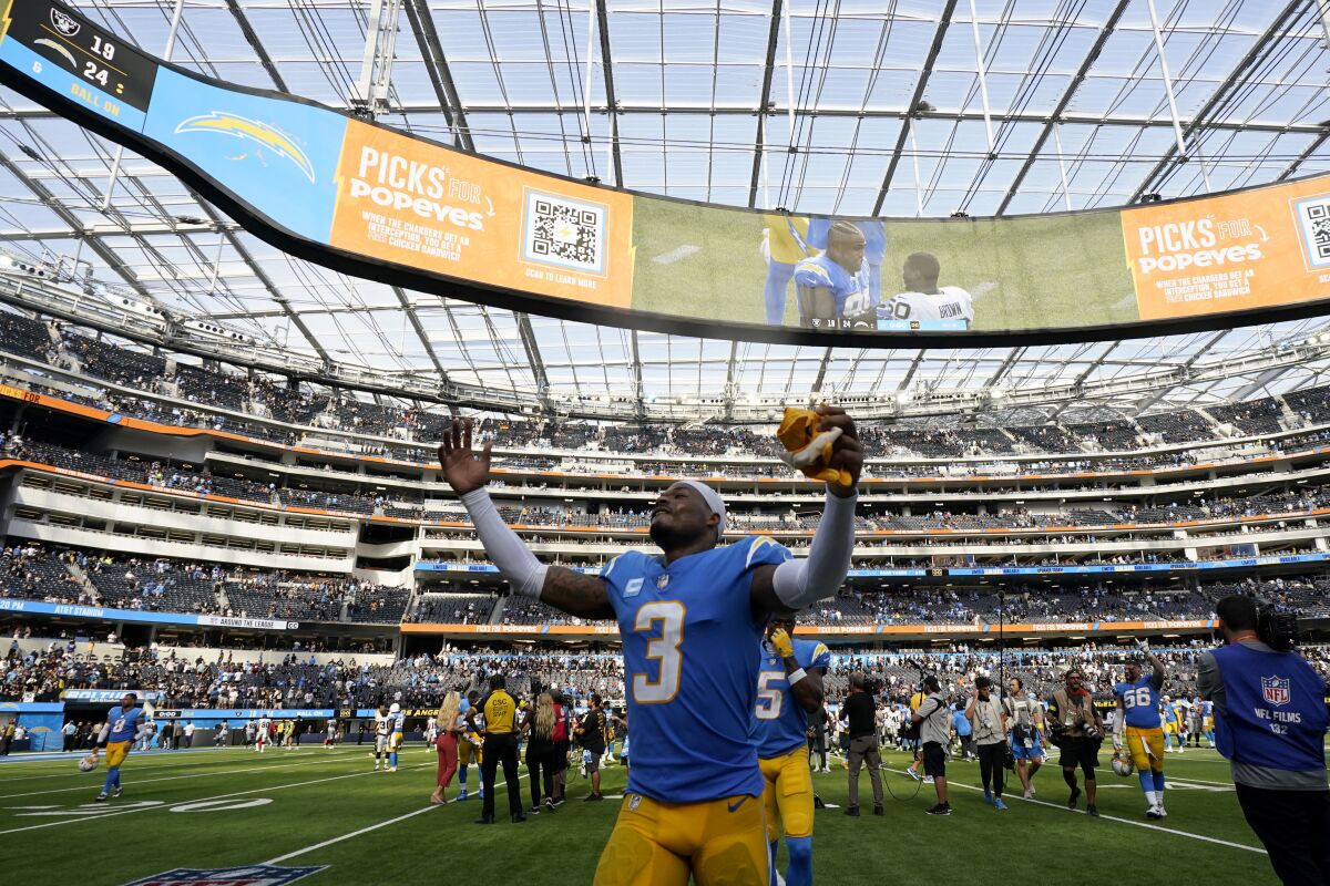 Chargers safety Derwin James Jr. celebrates after the team's win over the Las Vegas Raiders on Sunday.