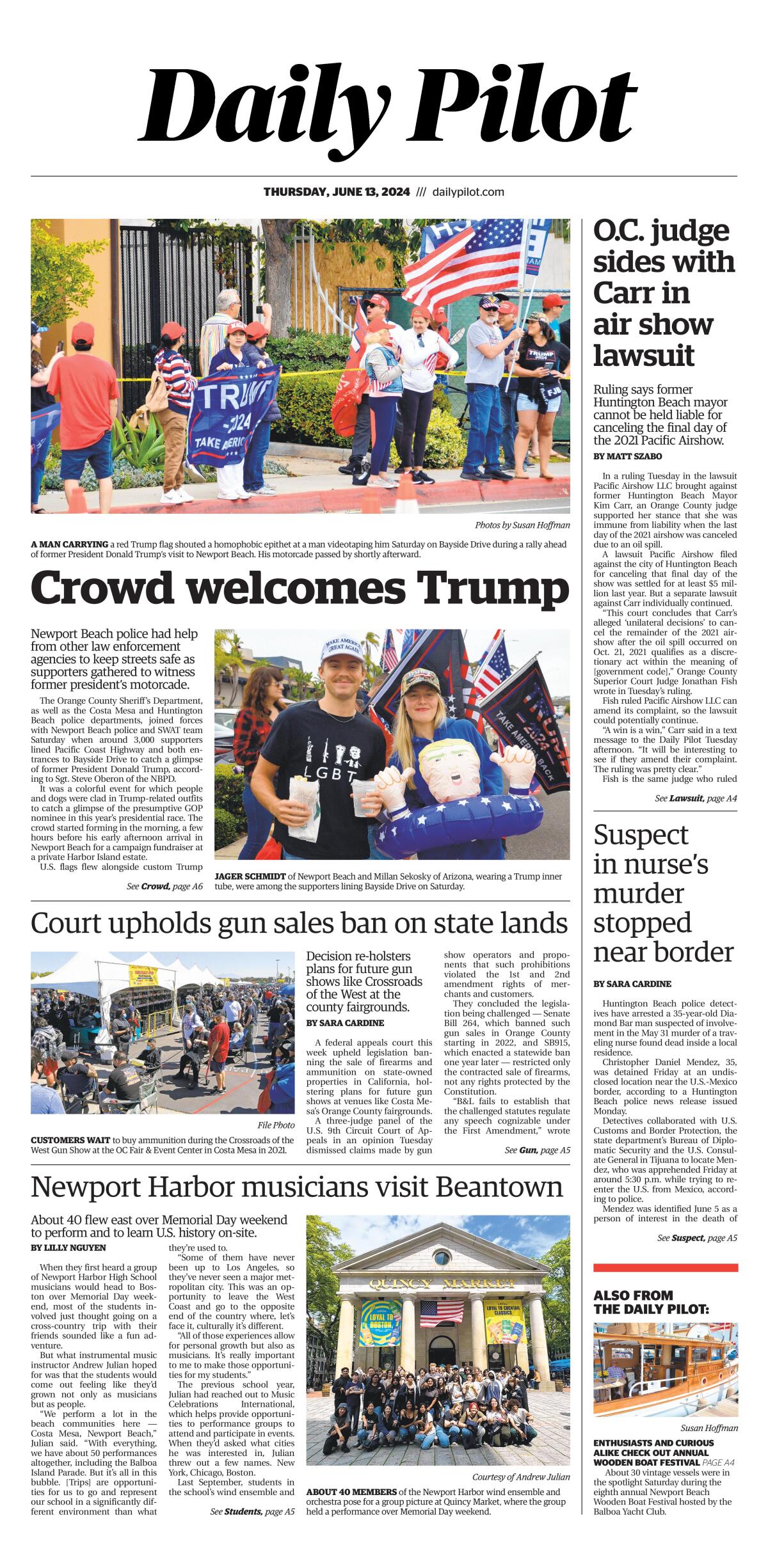 Front page of the Daily Pilot e-newspaper for Thursday, June 13, 2024.