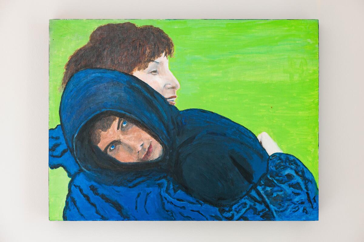 A painting of Jonathan Harms with his mother, Celia Harms.
