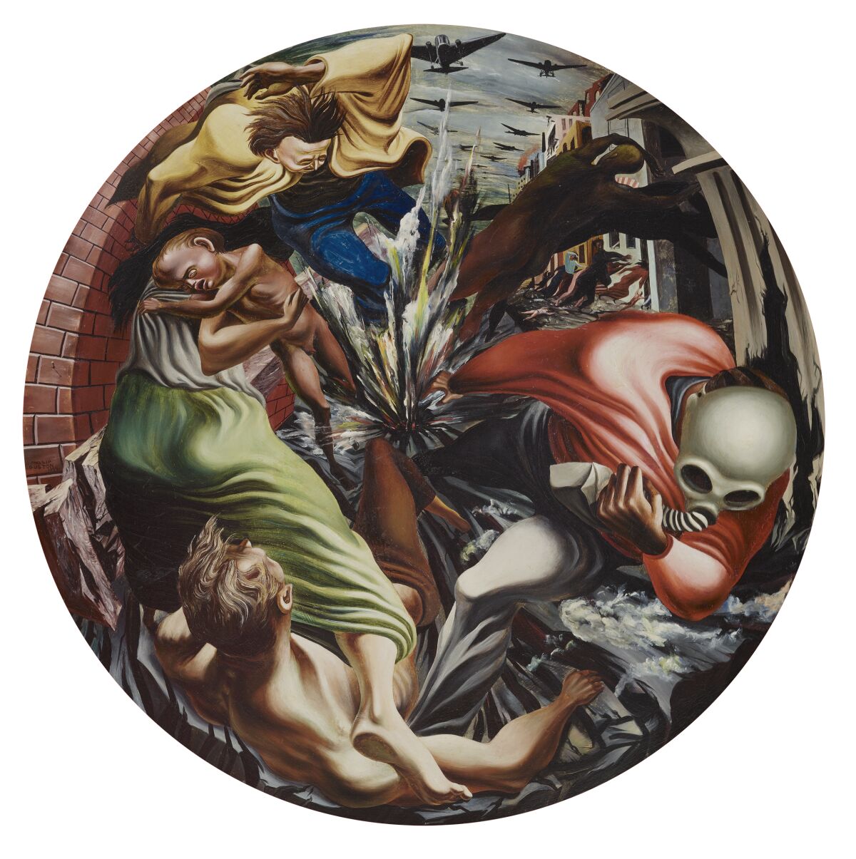 A circular canvas shows roiling human figures fleeing in a city street amid bomb explosions.