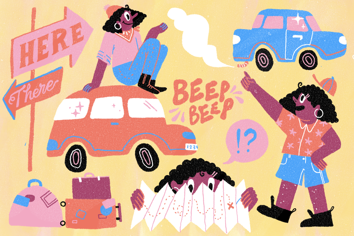 Illustration of a person doing various road trip-related things like reading a map, sightseeing and relaxing.