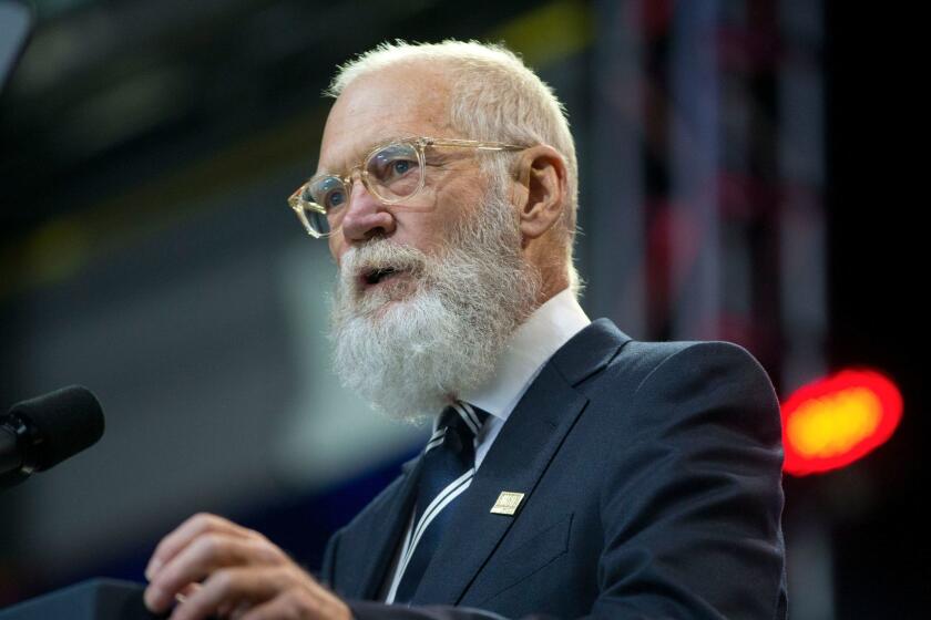FILE - In this May 5, 2016 file photo, former late-night talk show host David Letterman speaks during the 5th anniversary of Joining Forces and the 75th anniversary of the USO, at Andrews Air Force Base, Md. Letterman will replace an ailing Neil Young as the person to induct Pearl Jam into the Rock & Roll Hall of Fame on Friday, April 7, 2017. According to a statement from the hall, Young âis regrettably no longer able to induct Pearl Jamâ and it is âthrilledâ that former TV talk show host Letterman will substitute. (AP Photo/Pablo Martinez Monsivais, File)