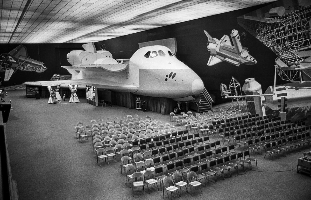 November 1978: Mockup of the space shuttle on display at a Rockwell plant in Downey.