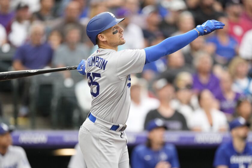 Los Angeles Dodgers right fielder Trayce Thompson (25) during the third inning of a baseball game Monday, June 27, 2022, in Denver. (AP Photo/David Zalubowski)