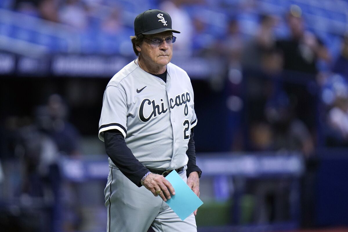 Chicago White Sox manager Tony La Russa brings out the line-up card before a baseball game against the Tampa Bay Rays Friday, June 3, 2022, in St. Petersburg, Fla. (AP Photo/Chris O'Meara)