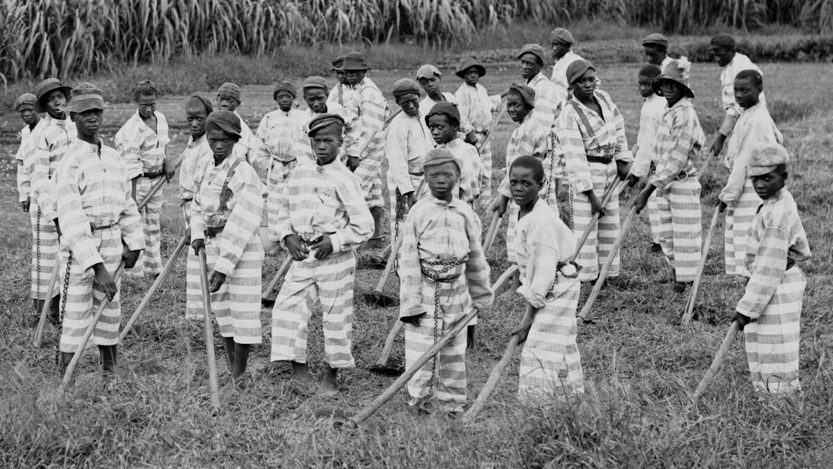 A black-and-white historical image of a chain gang of Black boys.