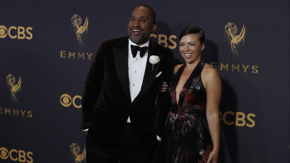 Kenya Barris, pictured at the 2017 Emmy awards with his wife, Dr. Rainbow Edwards-Barris. Simiarly, Tracee Ellis Ross' character is a doctor named Bow.