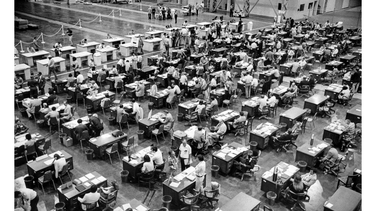 Sep. 20, 1977: More than 100 interview tables are set up at the Rockwell International plant in El Segundo following layoffs after President Carter canceled the B-1 program.