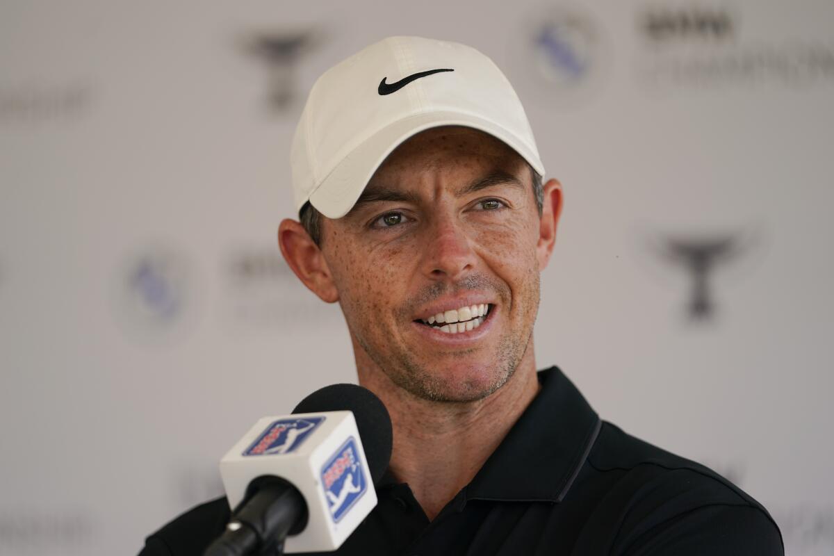 Rory McIlroy, of Northern Ireland, speaks to reporters after participating in the ProAm at the BMW Championship golf tournament at Wilmington Country Club, Wednesday, Aug. 17, 2022, in Wilmington, Del. The BMW Championship tournament begins on Thursday. (AP Photo/Julio Cortez)