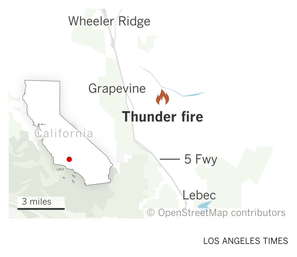 A map of southern Kern County shows where the Thunder fire was burning east of Interstate 5